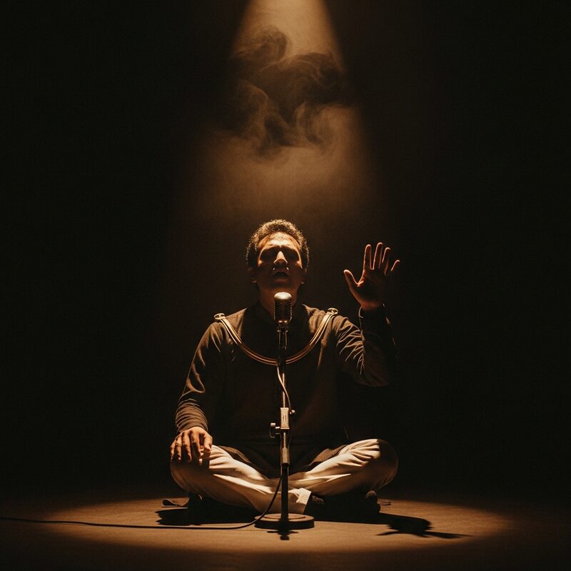 Vocalist performing in a spotlight on a dark stage